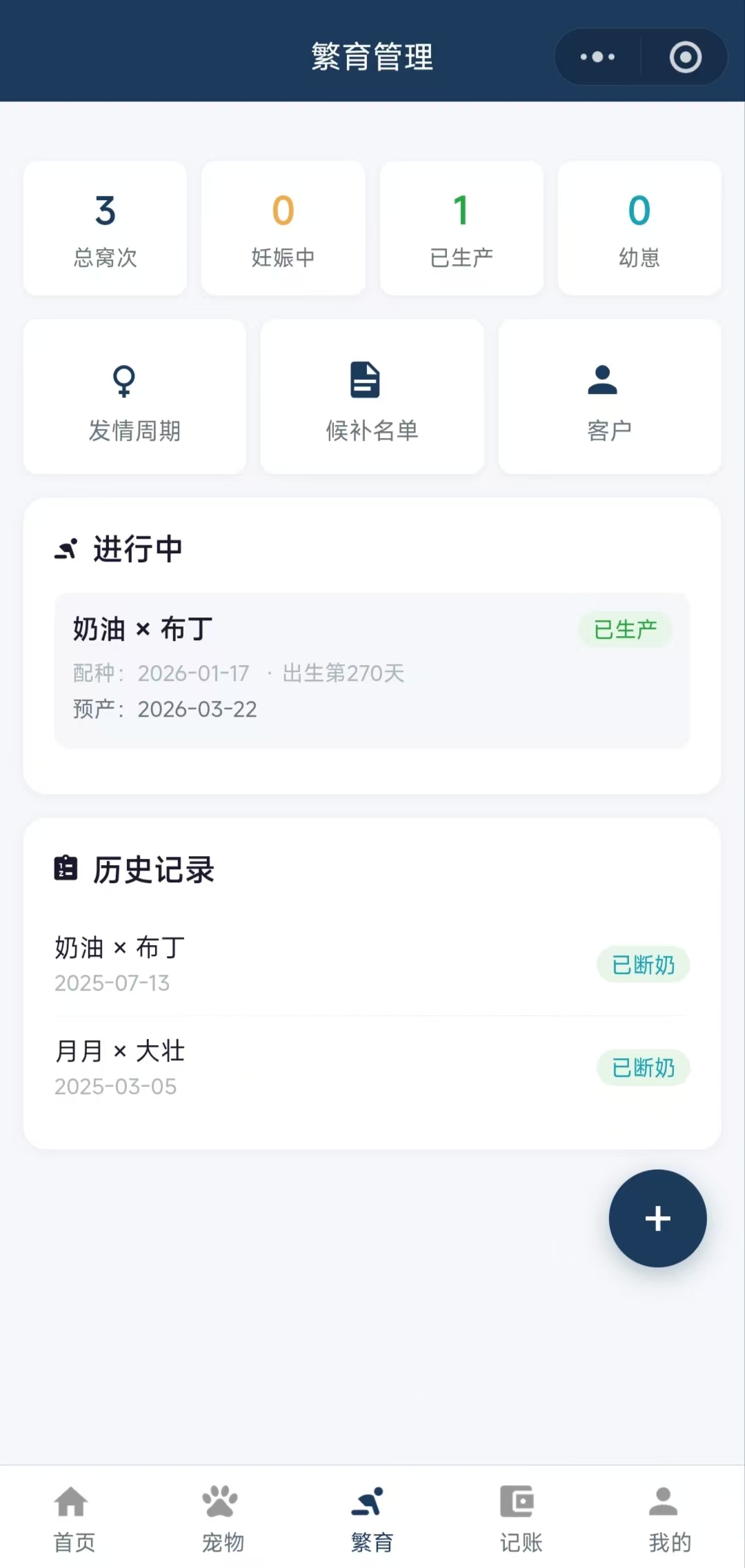 宠客帮微信小程序:繁育管理首页,总窝次、妊娠中、发情周期与进行中配种一目了然